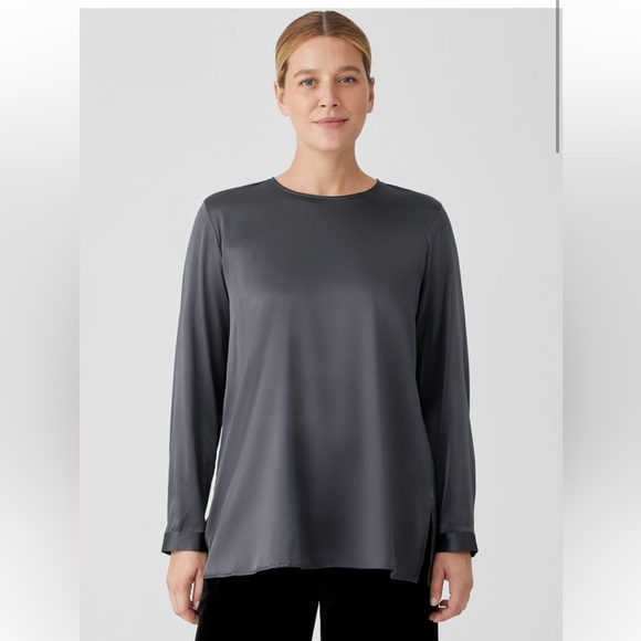 NWT EILEEN FISHER Stretch Silk Charmeuse Round Neck Top - Picture 2 of 10